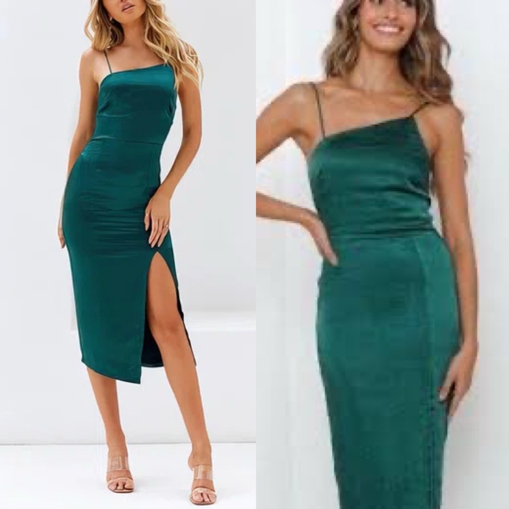 Oh Polly Emerald Green Asymetrical Satin Side Slit Midi Dress - Picture 2 of 11